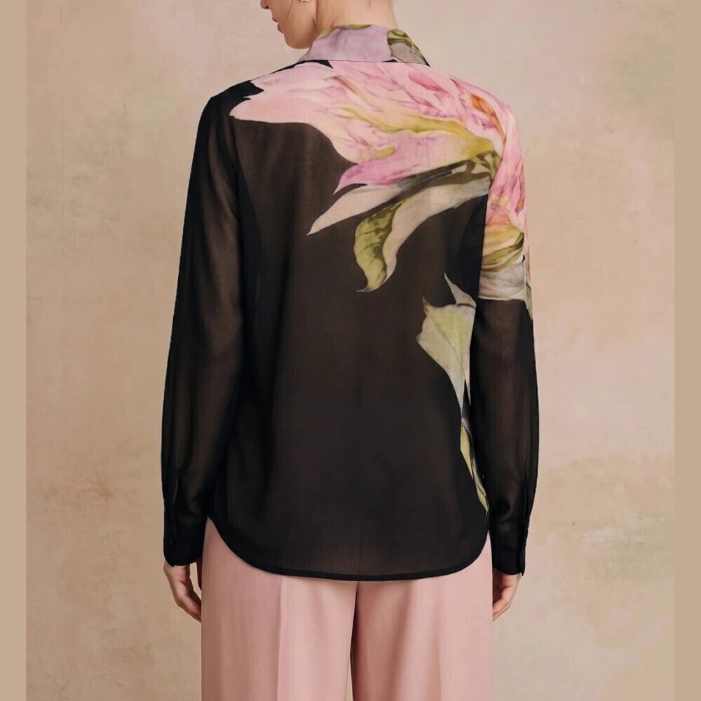 Black Watercolor Floral Print Sheer Chiffon Long Sleeve Button Up Blouse Shirt - Picture 6 of 7